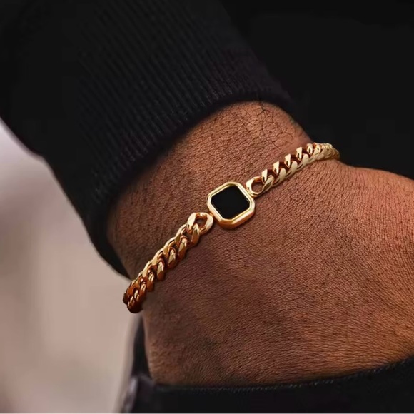 Other - Men’s Gold Chain Bracelet with Black square stone Black onyx